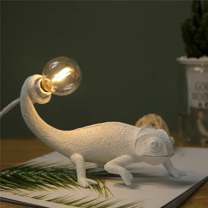 White resin decorbites chameleon night light with textured design and glowing filament bulb for bedroom reading decor