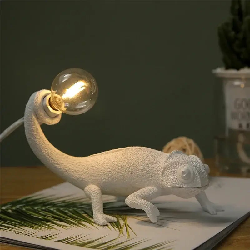 White resin decorbites chameleon night light with textured design and glowing filament bulb for bedroom reading decor