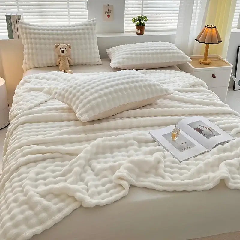 White ribbed bubble velvet blanket with a soft textured knit and plush appearance for cozy decorbites bubble velvet decor