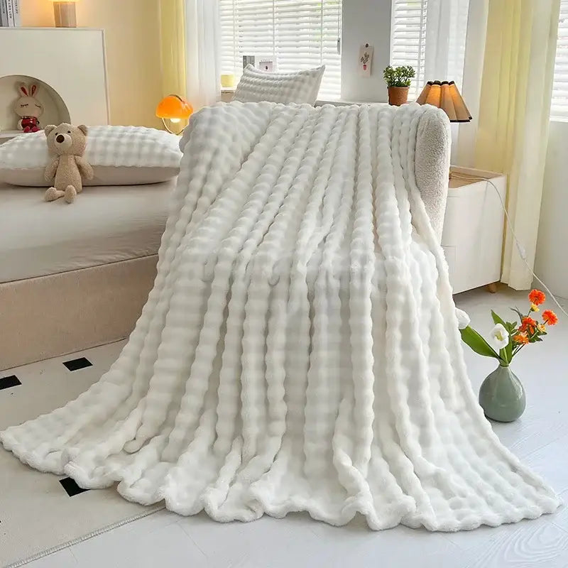 White plush knitted throw blanket with ribbed bubble velvet texture by decorbites bubble velvet for bedroom decor