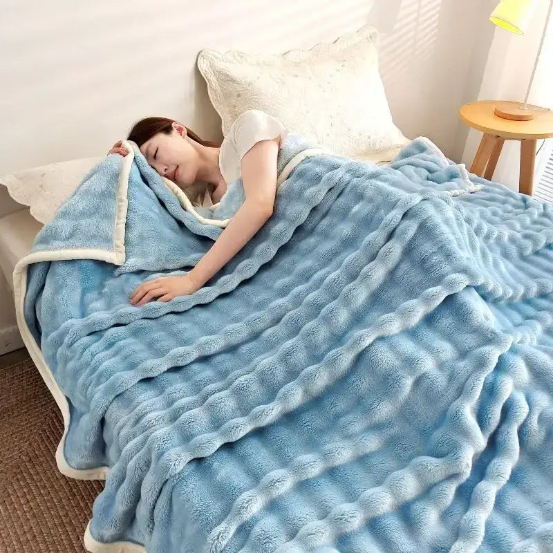 Soft light blue decorbites bubble velvet blanket with textured waves and white fleece trim for bedroom plush throw