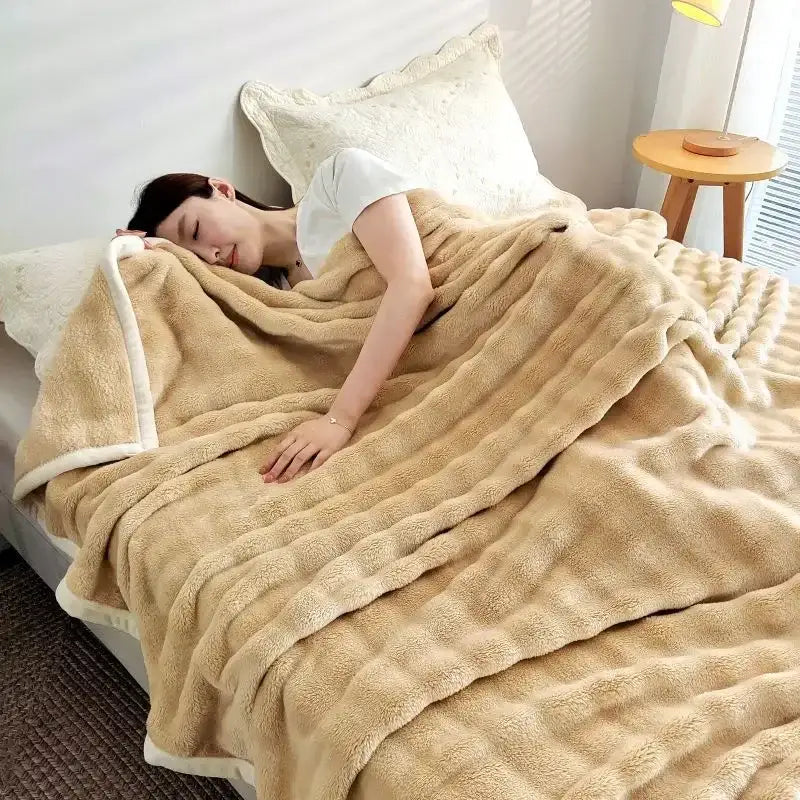 A tan decorbites bubble velvet blanket with soft fleece texture and white trim for bedroom plush knitted throw decorbites bubble velvet