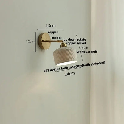 White ribbed ceramic led wall sconce with copper hardware decorbites ceramic led bedroom pull chain light