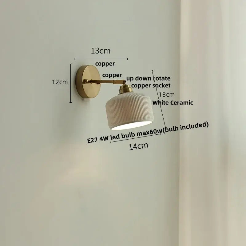 White ribbed ceramic led wall sconce with copper hardware decorbites ceramic led bedroom pull chain light