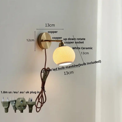 White ribbed ceramic led wall sconce with copper finish and pull chain ideal for bedroom decorbites ceramic led lighting