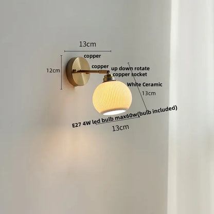 White ribbed ceramic led wall sconce with copper finish decorbites ceramic led pull chain light for bedroom decor