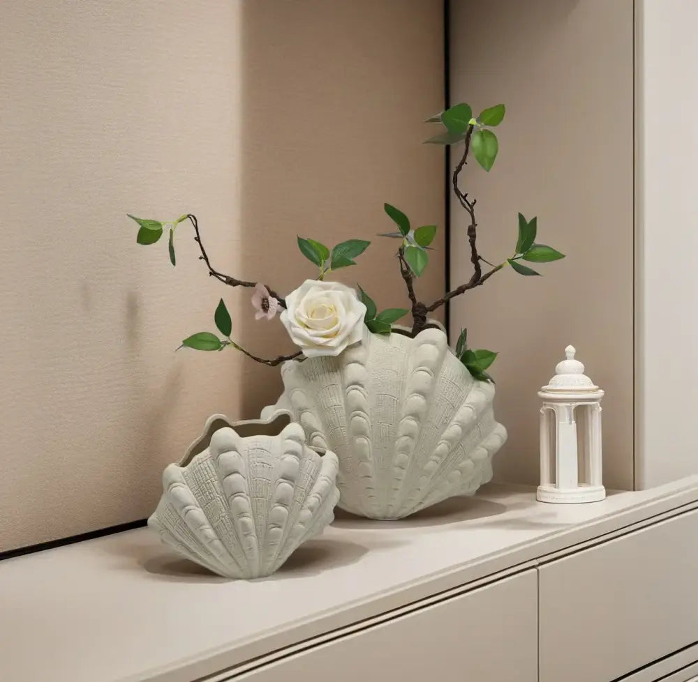 White ridged ceramic clam shell vase with detailed textured ridges for living room decorbites ceramic clam decor