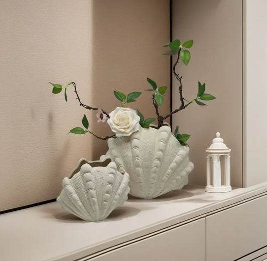 White ridged ceramic clam shell vase with detailed textured ridges for living room decorbites ceramic clam decor