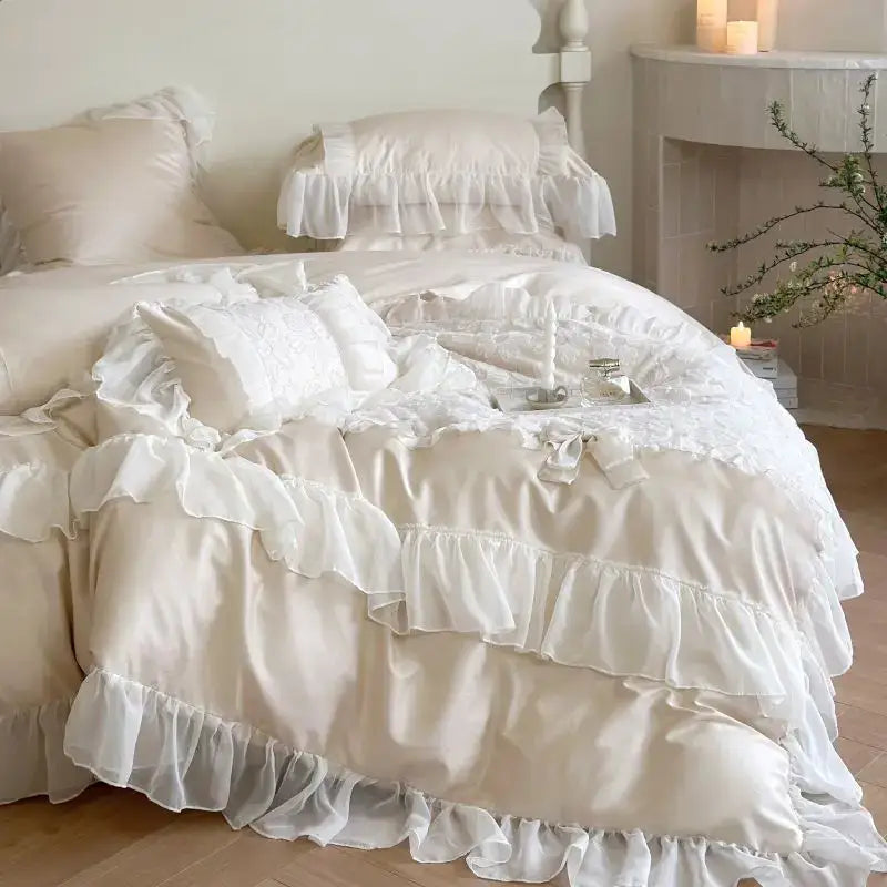 Cream-colored satin bedding set with delicate white french lace ruffles for decorbites french lace bedroom decor