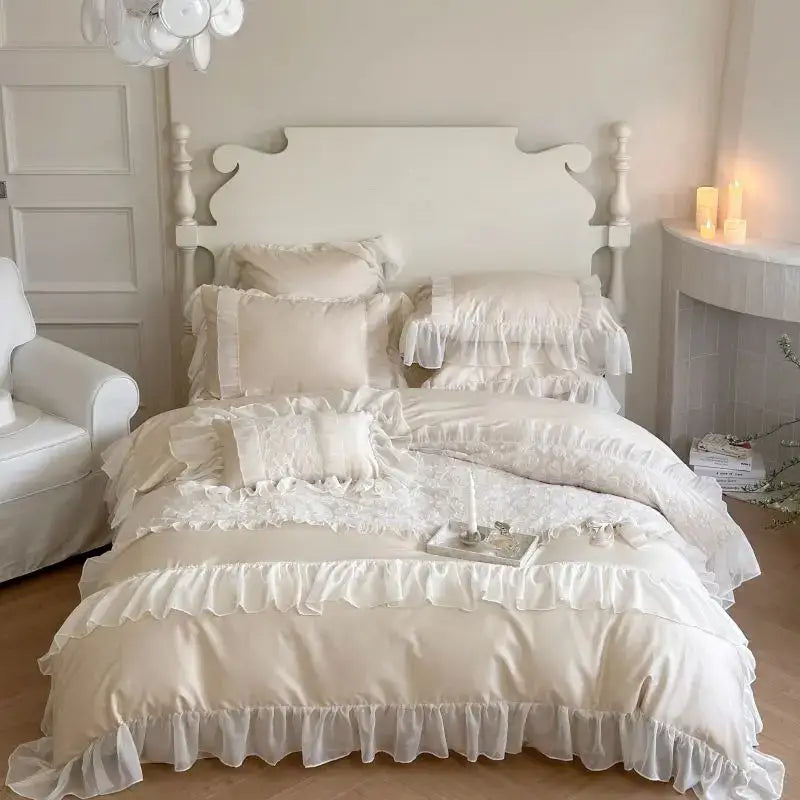 Cream-colored satin bedding set with french lace ruffles and delicate decorbites french lace trim for bedroom decor
