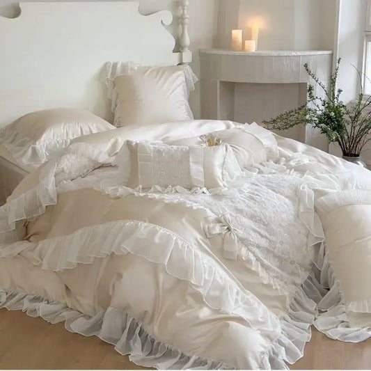 White satin bedding set with french lace ruffles and soft layered frills from decorbites french lace collection