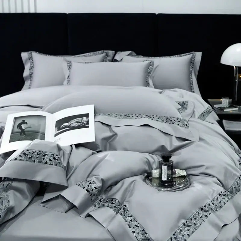 Gray satin bedding set with intricate black lace trim made from decorbites 1200tc egyptian cotton for elegant bedroom decor