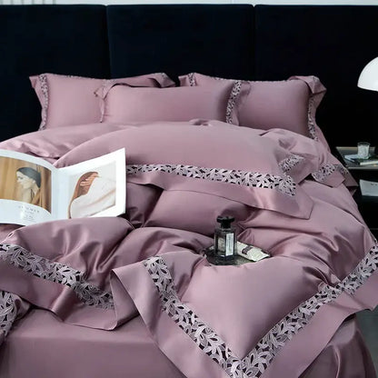 Luxe mauve satin bedding set with delicate black lace trim in decorbites 1200tc egyptian cotton for elegant bedroom decor