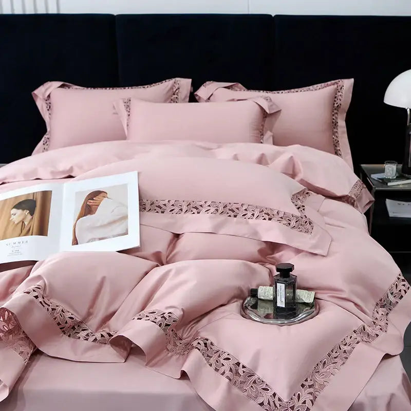 Pink satin bedding set with delicate lace trim made from decorbites 1200tc egyptian cotton for elegant bedroom decor