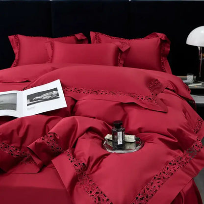 Red satin bedding set with intricate lace trim made from decorbites 1200tc egyptian cotton for luxury bedroom decor