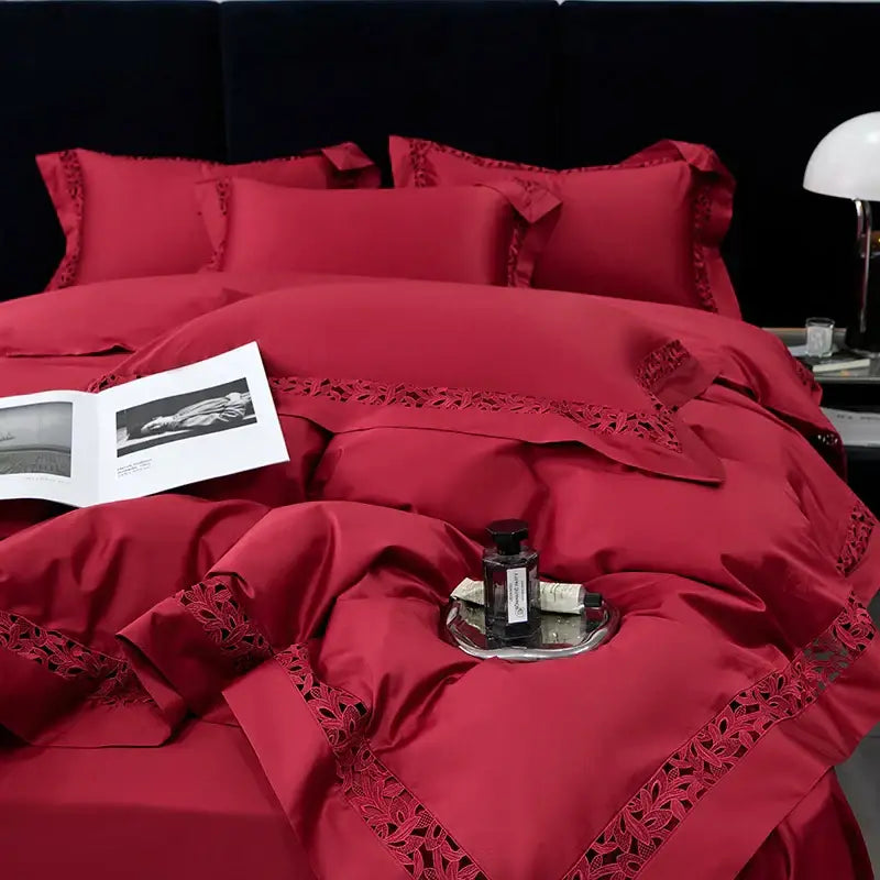 Red satin bedding set with intricate lace trim made from decorbites 1200tc egyptian cotton for luxury bedroom decor