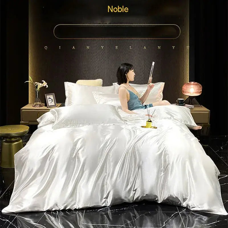 White satin silk blend duvet cover set with glossy luxurious finish for bedroom use bedspread cover set