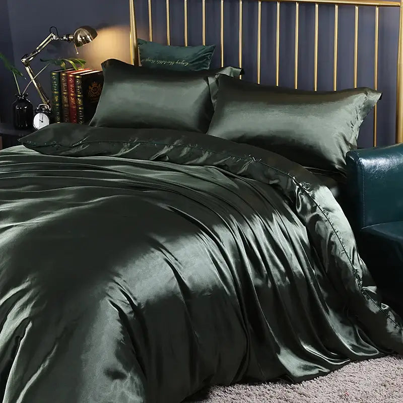 Dark green satin duvet cover set with glossy smooth texture and elegant flowing folds for bedroom use