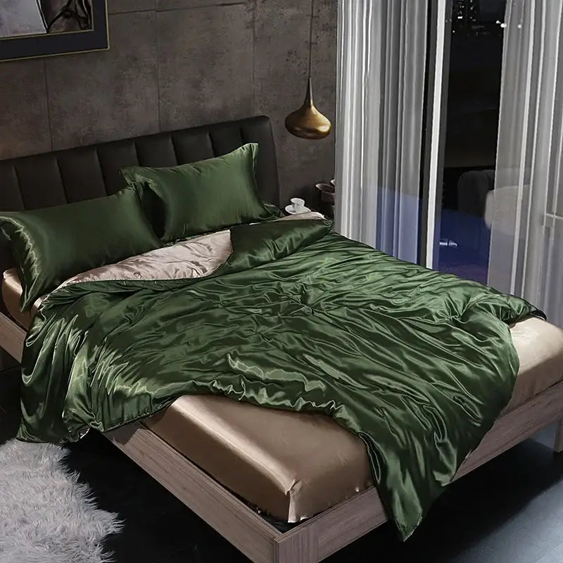 Emerald green satin duvet cover set with beige inner lining in white satin silk blend for bedroom bedspread decor