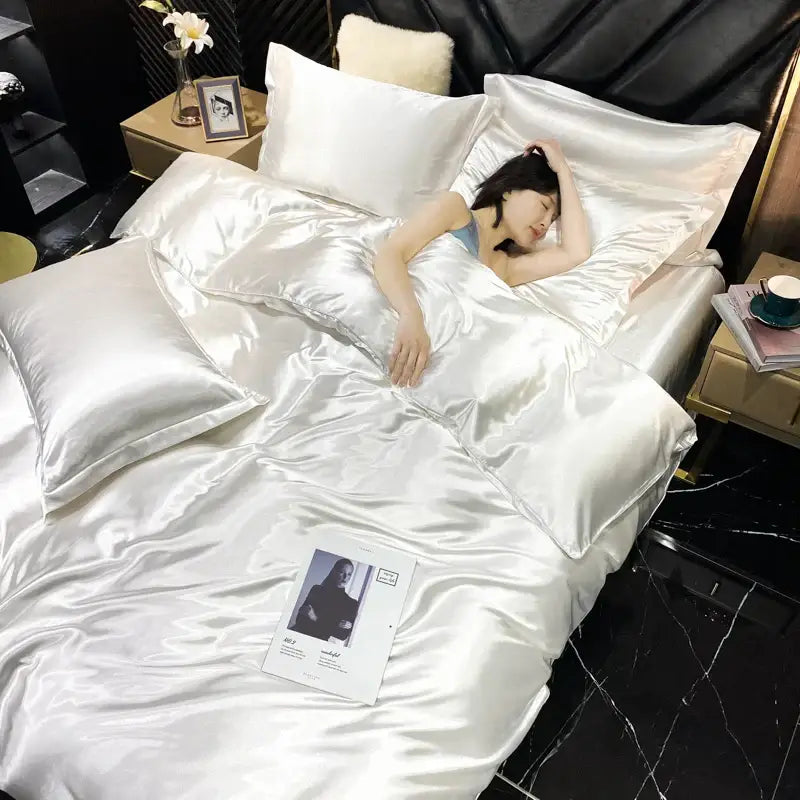 White satin silk blend duvet cover set with glossy smooth texture and elegant sheen for bedroom bedding