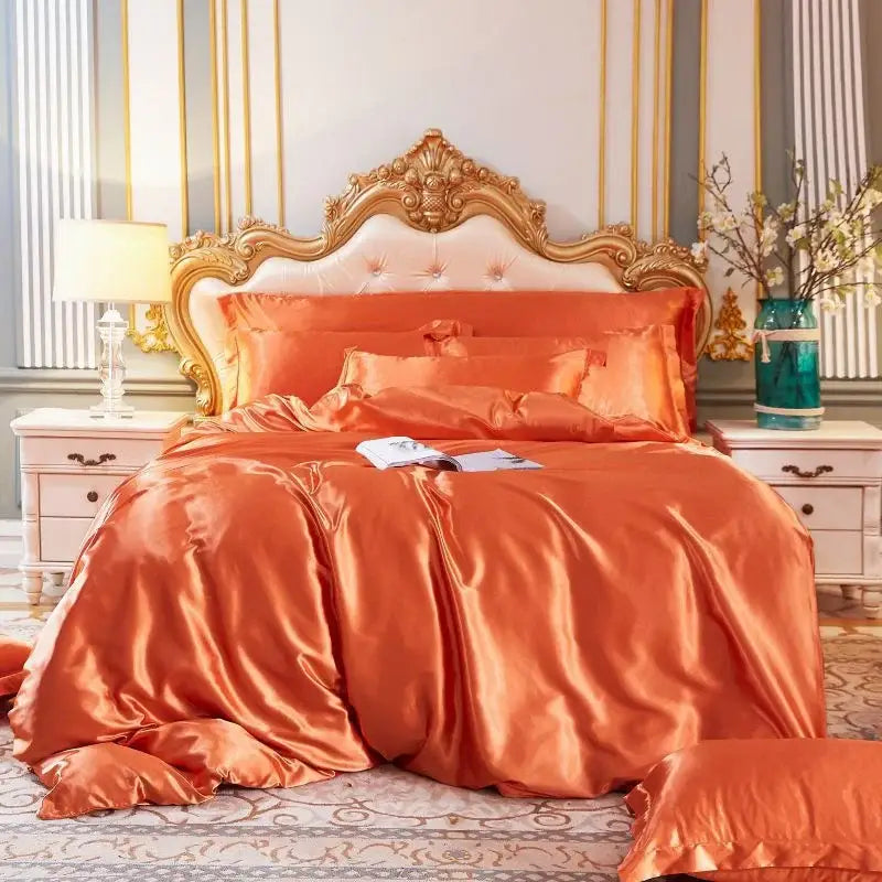 Orangish-orange satin duvet cover set with a glossy luxurious finish in white satin silk blend for bedroom use
