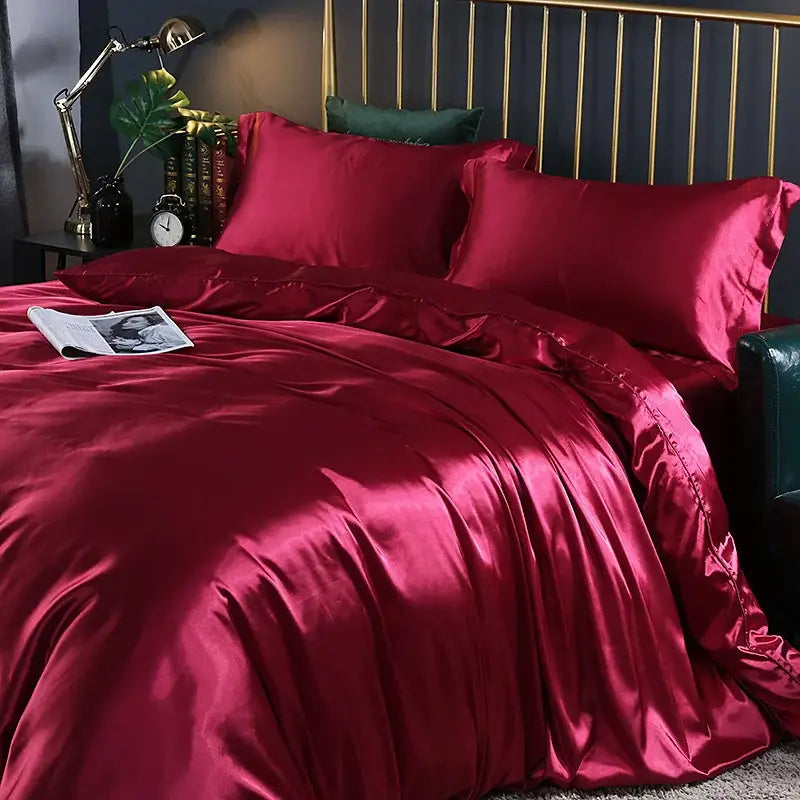 Rich crimson satin duvet cover set with a glossy luxurious finish for elegant bedroom bedding cover set