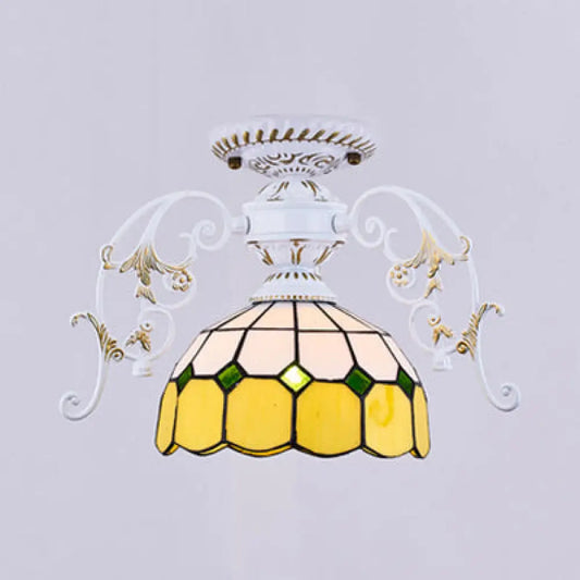 DecorBites™ DecorBites™ White Semi Flush Tiffany Style Ceiling Light with Stained Glass Dome Shade- 1 Light, Yellow/Orange/Green/Blue-Clear/Blue