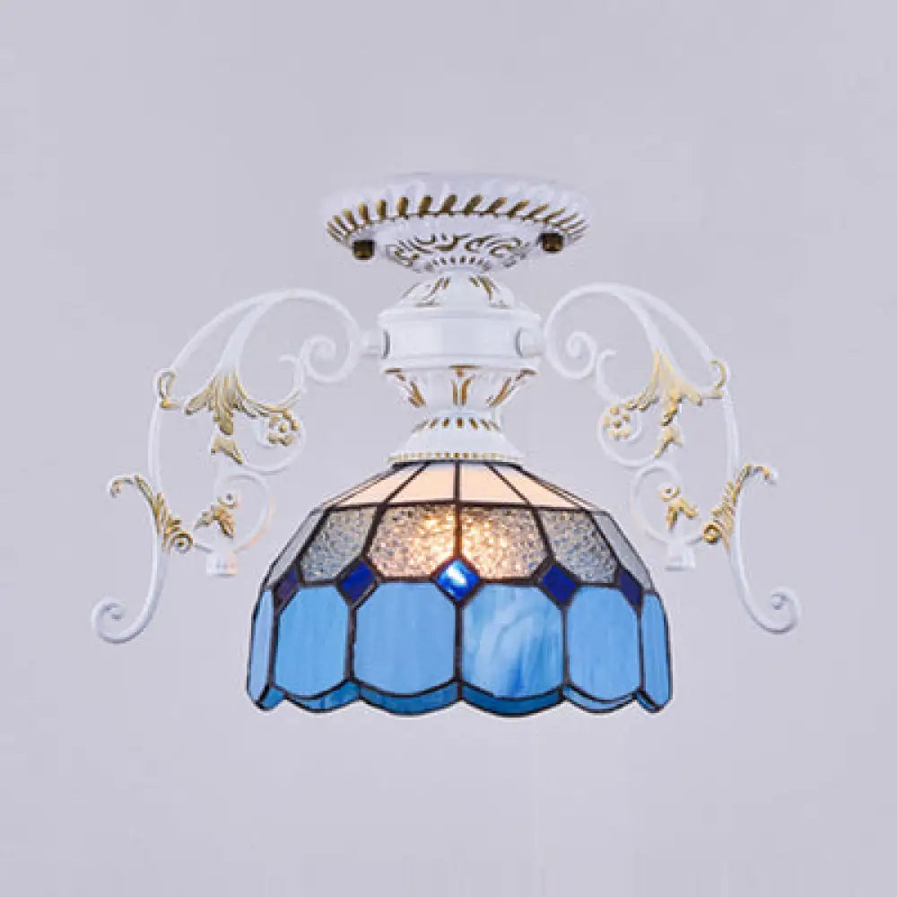 DecorBites™ DecorBites™ White Semi Flush Tiffany Style Ceiling Light with Stained Glass Dome Shade- 1 Light, Yellow/Orange/Green/Blue-Clear/Blue