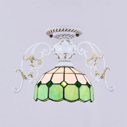 DecorBites™ DecorBites™ White Semi Flush Tiffany Style Ceiling Light with Stained Glass Dome Shade- 1 Light, Yellow/Orange/Green/Blue-Clear/Blue