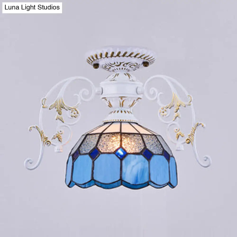 DecorBites™ DecorBites™ White Semi Flush Tiffany Style Ceiling Light with Stained Glass Dome Shade- 1 Light, Yellow/Orange/Green/Blue-Clear/Blue