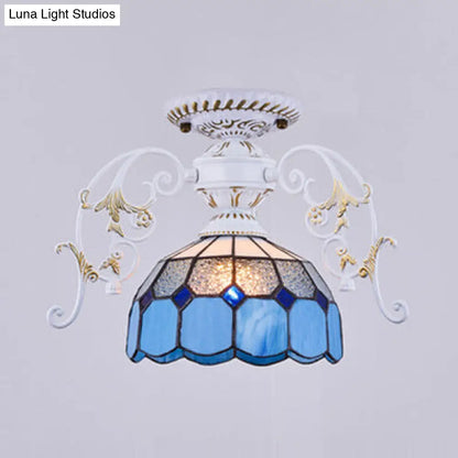 DecorBites™ DecorBites™ White Semi Flush Tiffany Style Ceiling Light with Stained Glass Dome Shade- 1 Light, Yellow/Orange/Green/Blue-Clear/Blue