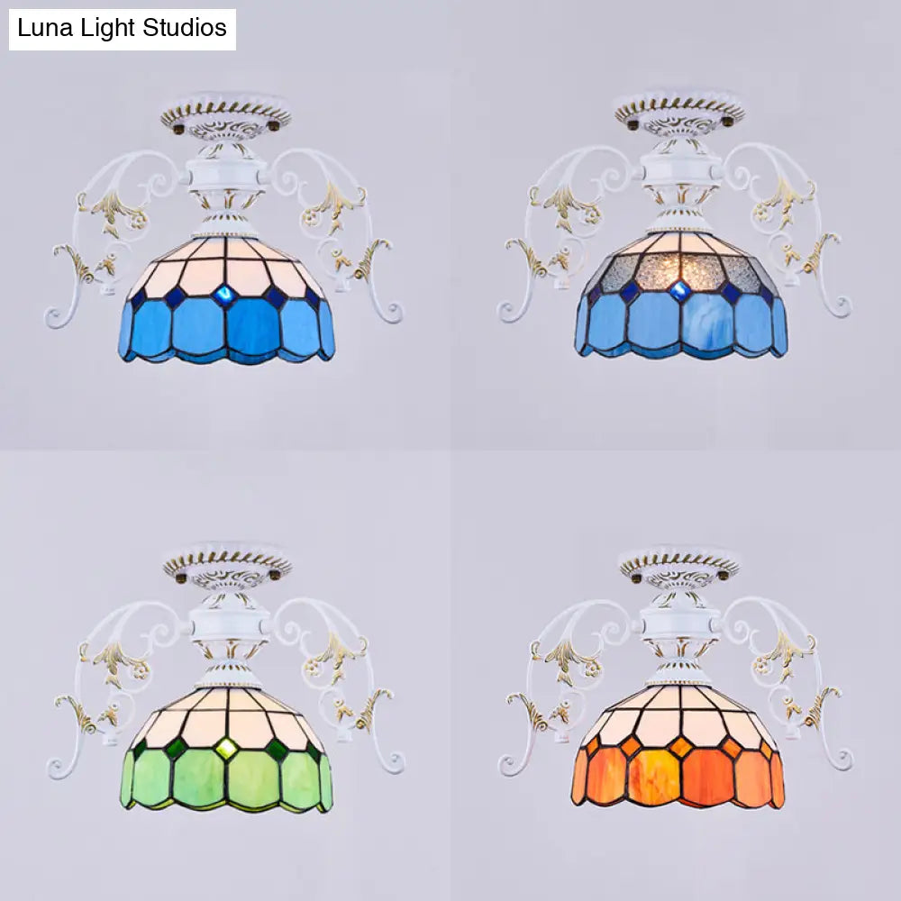 DecorBites™ DecorBites™ White Semi Flush Tiffany Style Ceiling Light with Stained Glass Dome Shade- 1 Light, Yellow/Orange/Green/Blue-Clear/Blue