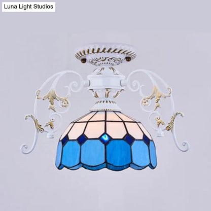 DecorBites™ DecorBites™ White Semi Flush Tiffany Style Ceiling Light with Stained Glass Dome Shade- 1 Light, Yellow/Orange/Green/Blue-Clear/Blue