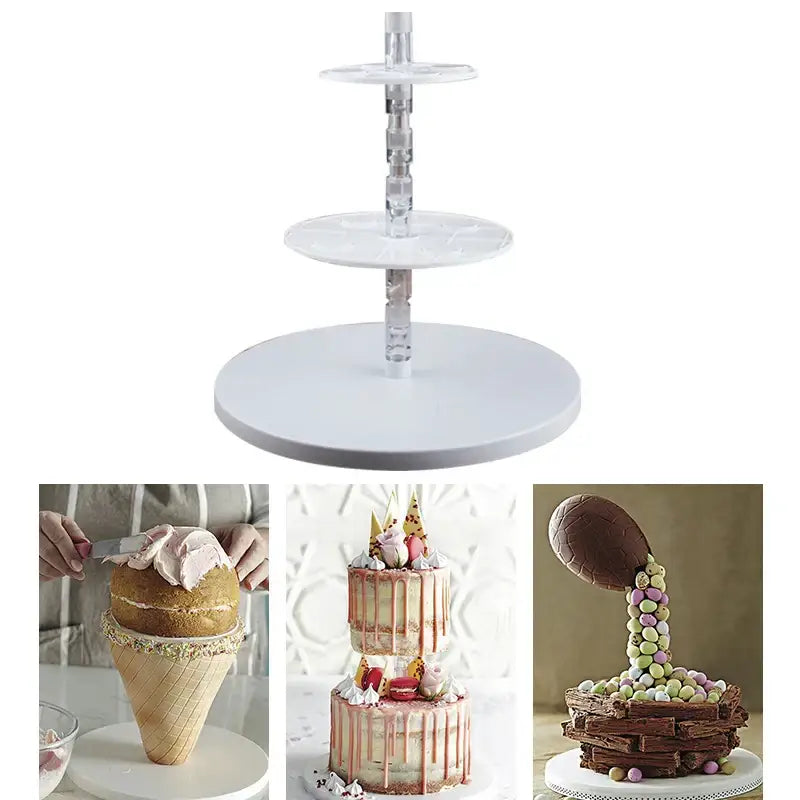 Clear acrylic three-tier layer cake frame with a white circular base included in white silicone cake frame kit