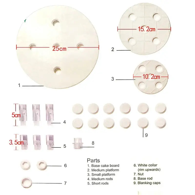 White silicone layer cake frame kit with a 25cm diameter circular cake board featuring four evenly spaced holes
