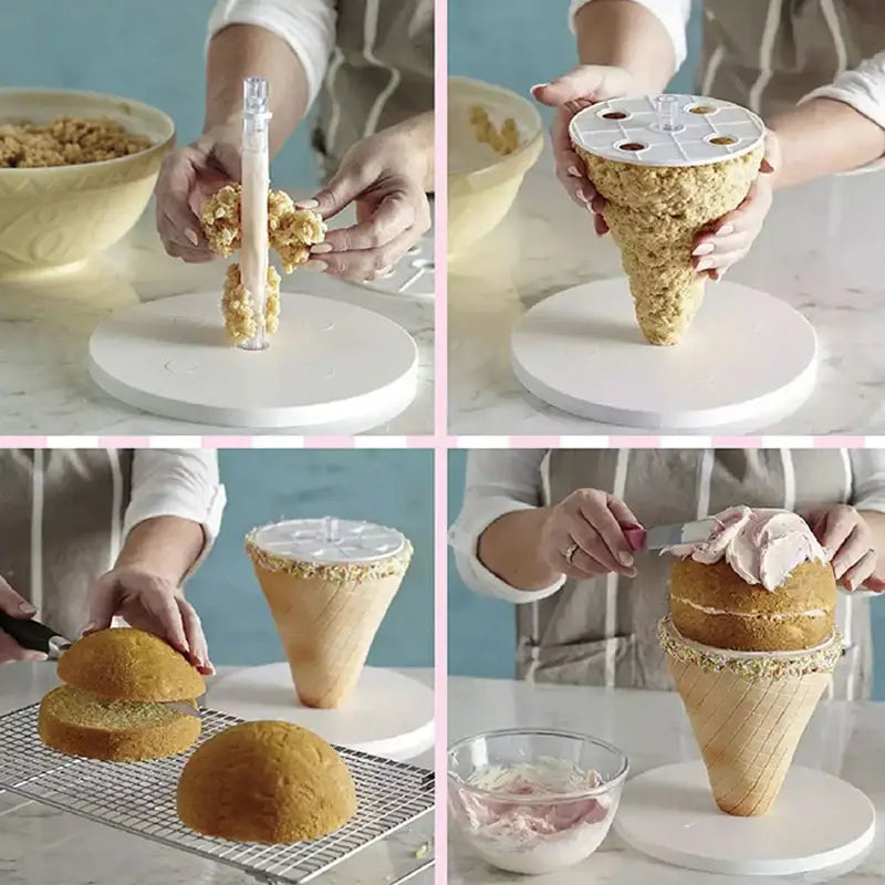 A golden-brown cone-shaped cake resembling an ice cream sundae made using a white silicone layer cake frame kit