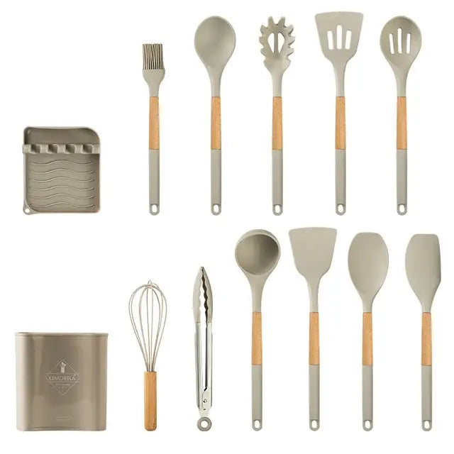Beige silicone kitchen cookware set with wooden handles and matching storage container for versatile cooking tasks