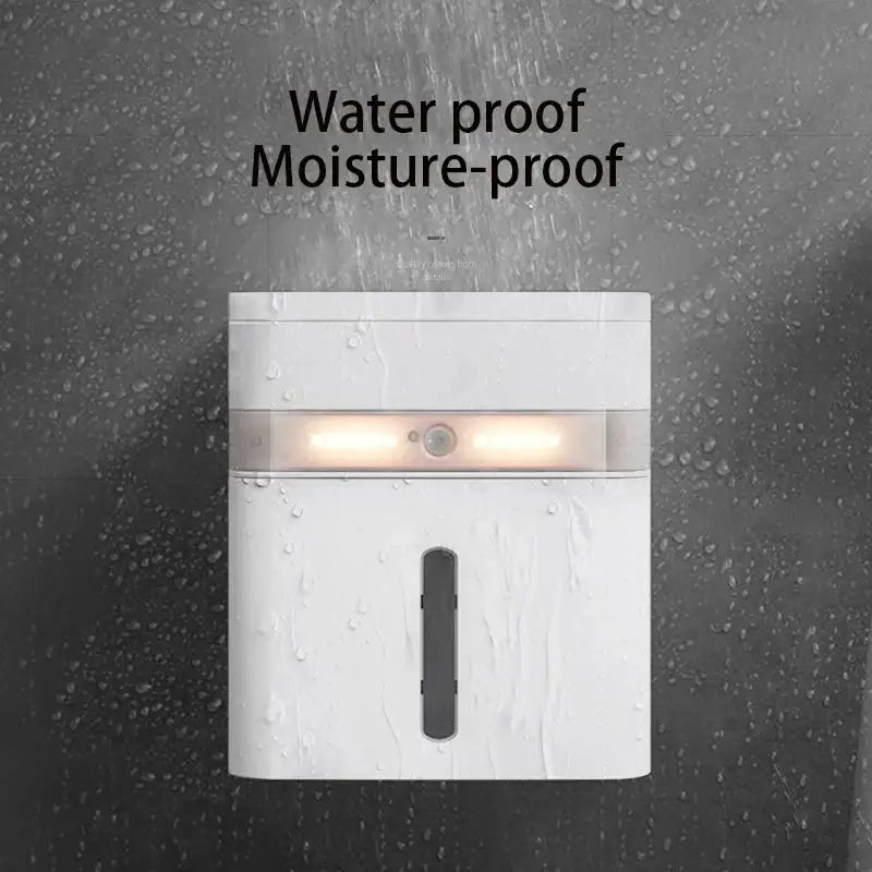 White rectangular wall-mounted toilet paper holder with induction light and vertical slot for paper towels in bathroom
