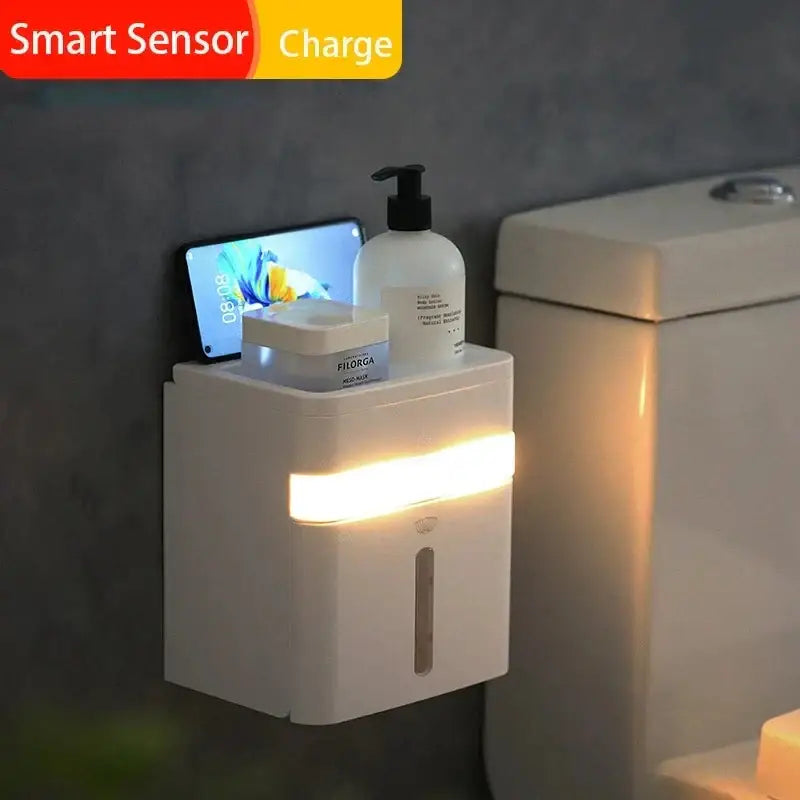 White smart sensor wall-mounted toilet paper holder with induction light and phone charging slot for bathroom use