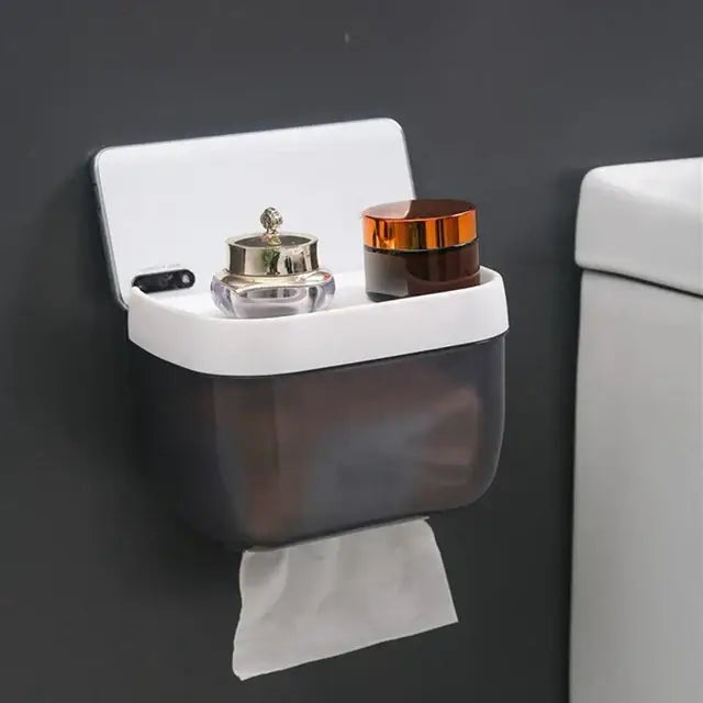 White translucent wall-mounted smart toilet paper holder with induction light holding two cosmetic jars on top shelf