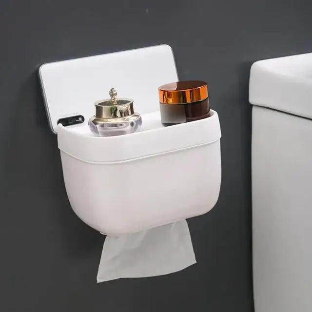 White smart sensor toilet paper holder with induction light and integrated storage compartment for toiletries mounted on wall
