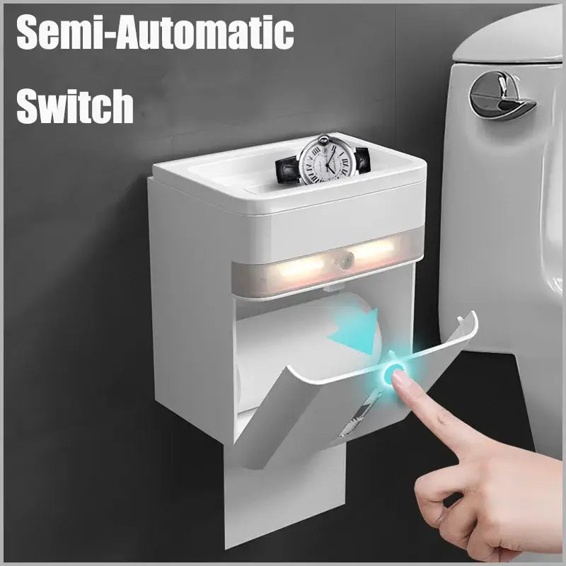 White smart sensor toilet paper holder with induction light featuring a sleek modern design and integrated led lighting