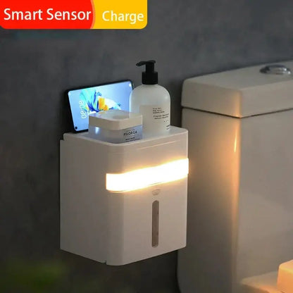White smart sensor toilet paper holder with induction light, wall-mounted tissue dispenser, led lighting, and phone charging slot