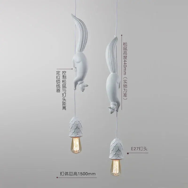White squirrel pendant light fixtures with pinecone bases and exposed filament bulbs as a bedroom decorative focal point