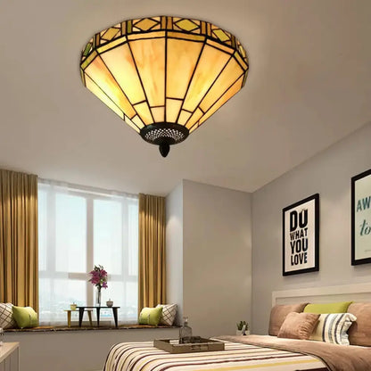 DecorBites™ DecorBites™ White Stained Glass Ceiling Light, 2-Light Medium Flush Mount with Tiffany Style Cone Shade