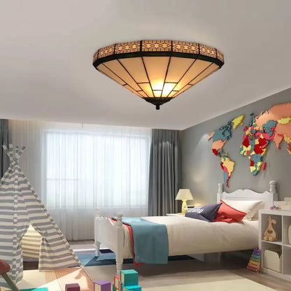 DecorBites™ DecorBites™ White Stained Glass Ceiling Light, 2-Light Medium Flush Mount with Tiffany Style Cone Shade