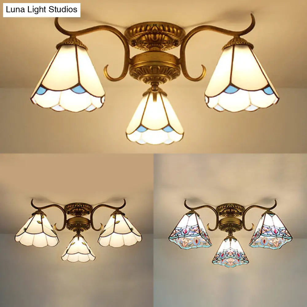 DecorBites™ DecorBites™ White Stained Glass Ceiling Light with Leaf/Flower/Diamond Pattern - 3-Light Semi Flushmount