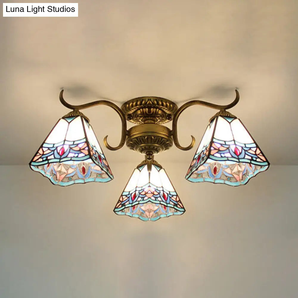 DecorBites™ DecorBites™ White Stained Glass Ceiling Light with Leaf/Flower/Diamond Pattern - 3-Light Semi Flushmount