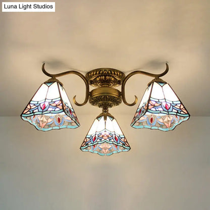 DecorBites™ DecorBites™ White Stained Glass Ceiling Light with Leaf/Flower/Diamond Pattern - 3-Light Semi Flushmount
