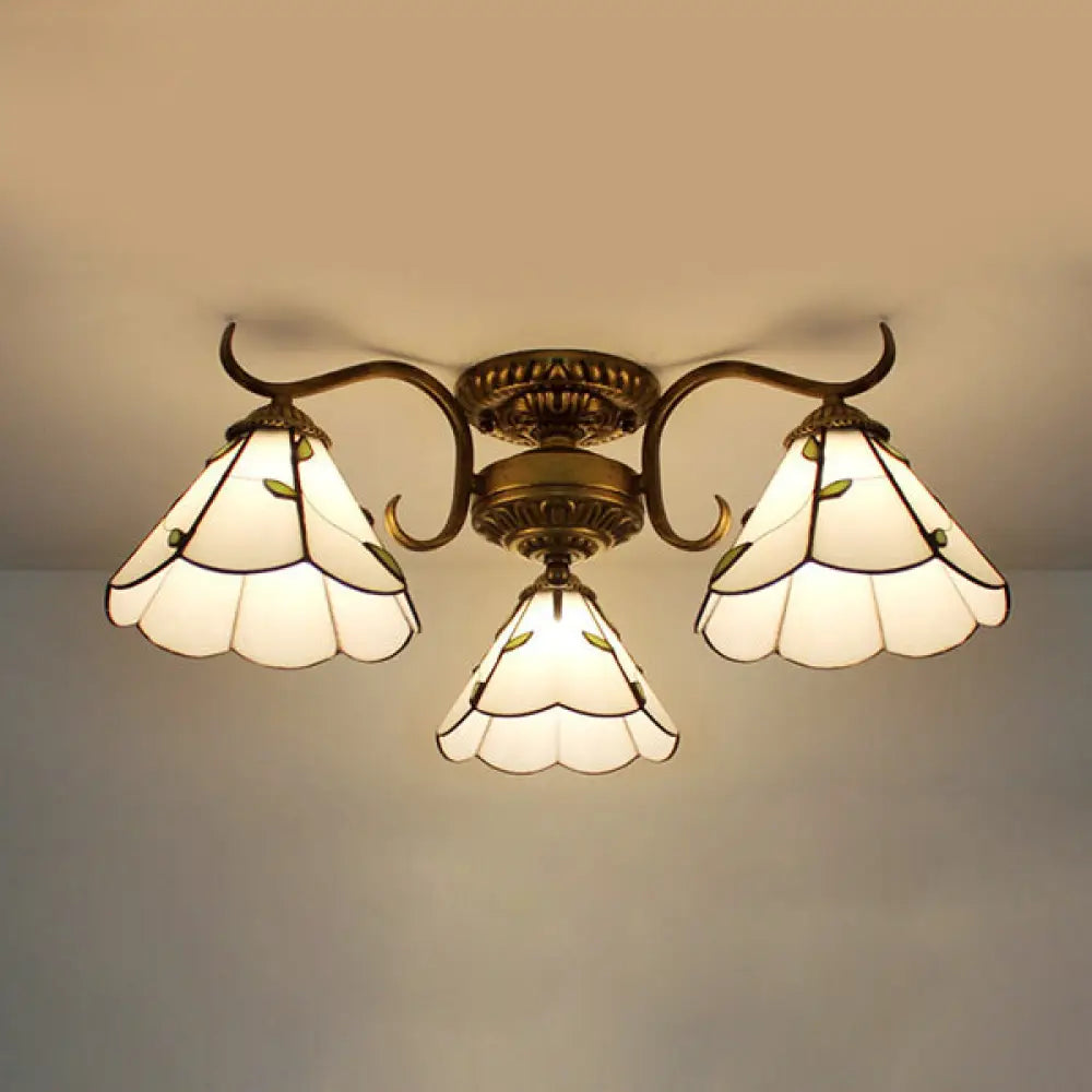 DecorBites™ DecorBites™ White Stained Glass Ceiling Light with Leaf/Flower/Diamond Pattern - 3-Light Semi Flushmount
